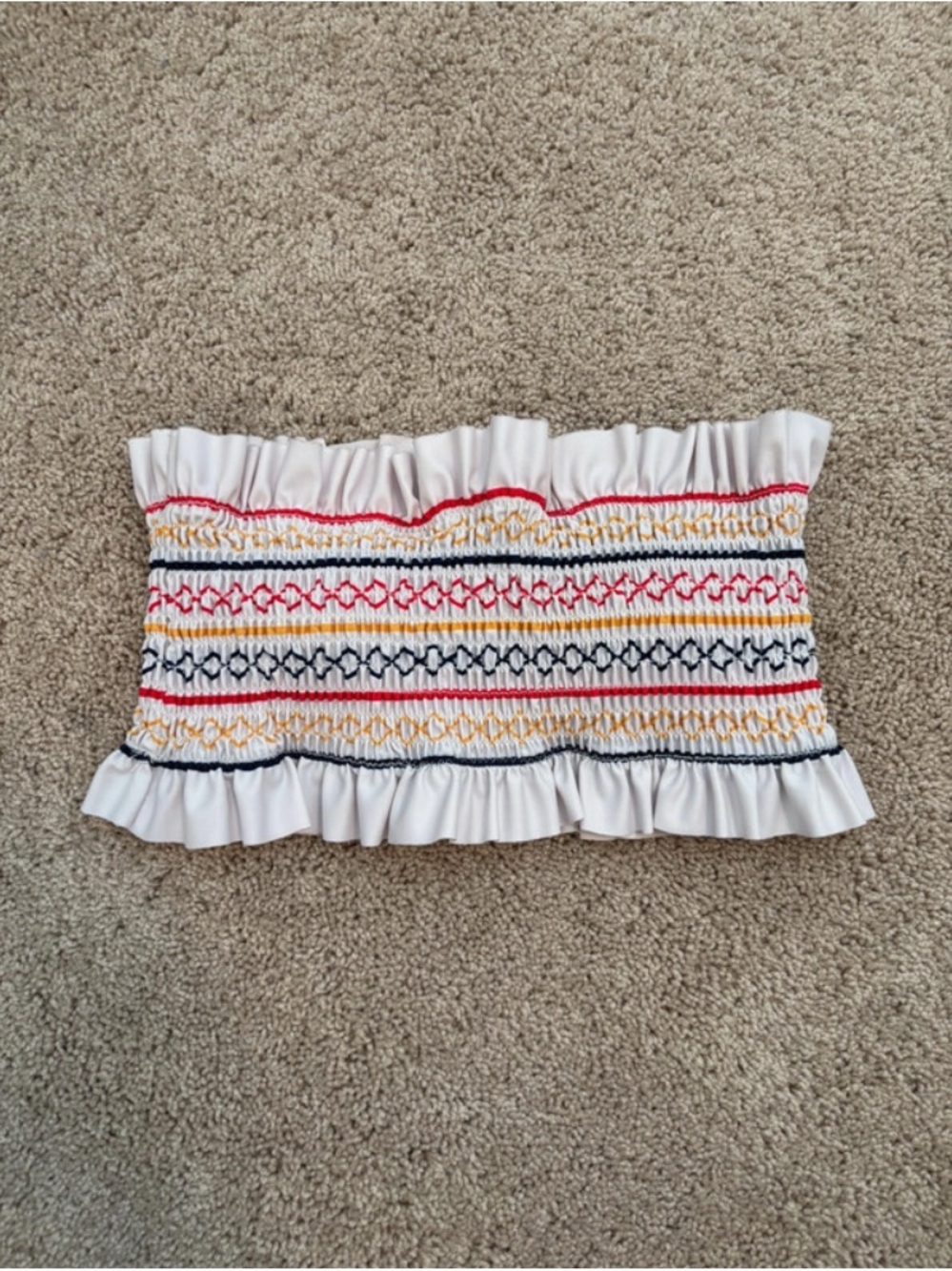 Smocked Ruffle Bandeau Swim Top - White with Red, Yellow & Navy Accents